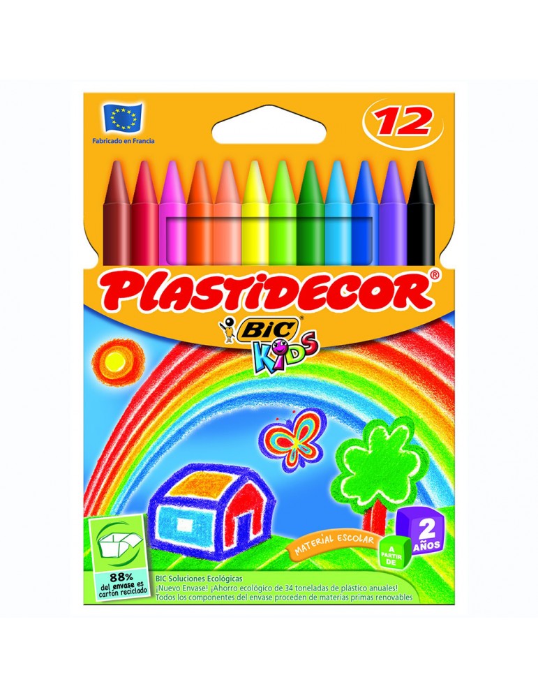  BIC Kids Plastidecor - Crayones para colorear - Cartera de  cartón de 12 colores surtidos - Ideal para niños pequeños : Juguetes y  Juegos